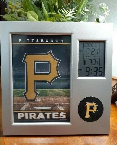 MLB Official Pittsburgh PIRATES Desk Clock Thermometer Alarm Frame Souvenier NIB Cover