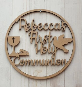 Personalised Communion Wooden Script Name Hoop Circle Sign Wall Plaque Decor - Picture 1 of 4