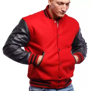 Black Red Varsity Wool Letterman Jacket Men Baseball Jackets Leather Sleeves - Picture 1 of 6