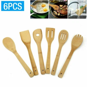 6 Piece Bamboo Spatula Set Wooden Spoons Mixing Kitchen Utensil Cooking Tools - Picture 1 of 7