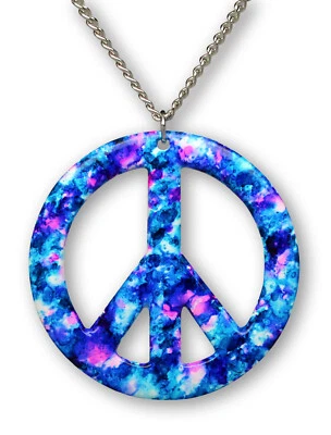 Purple Blue Hippie Tie Dye Peace Sign Enamel on Pewter Pendant Necklace (Large) - Image 1 of 4