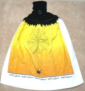 1 Crochet Top Hanging Kitchen Towel Halloween Spider and Web, Full black yarn - Picture 1 of 1