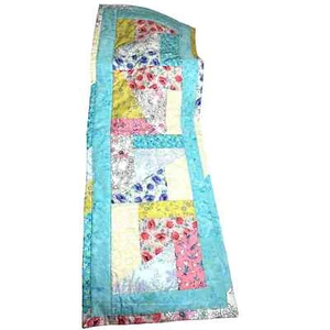 NEW Handmade Table Runner Blue Back Floral Blocks Pinks, Yellow Purple 34" x 12" - Picture 1 of 5