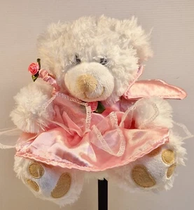 White Teddy Bear in Pink Dress with Roses Cuddly Soft Plush Toy 20cm - Bild 1 von 12