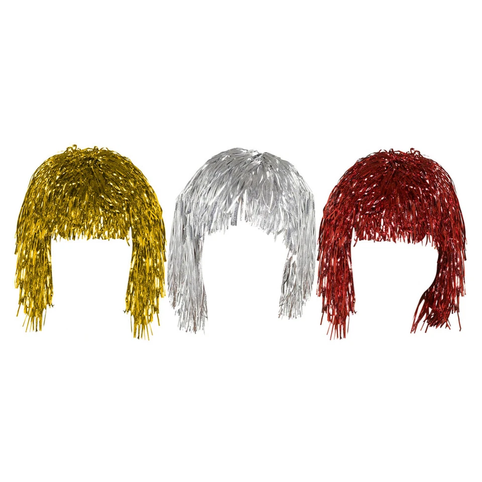 ROCKING PARTY Set of 3 Gold Silver & Red Adult Fancy Dress Shiny Metallic Foil Tinsel Wigs