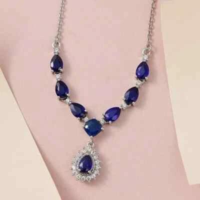 5Ct Pear Lab-Created Sapphire Women's Party Wear Necklace 14K White Gold Plated - Image 1 of 4