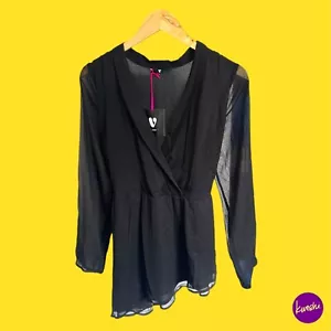 Blusa envolvente para mujer V BY VERY, mangas transparentes, cintura elástica, negra, Reino Unido 12 - Imagen 1 de 6
