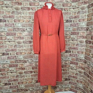 Vintage Midi Dress Red Ditsy Spotted UK 14 Long Sleeve Belted Flare Ruffle Neck - Picture 1 of 16