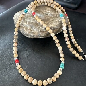 Türkis Koralle Bild Jaspis Navajo Sterlingsilber Halskette 24" 17607 - Bild 1 von 13