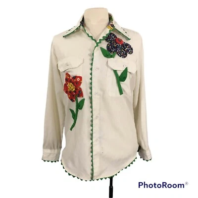 Camisa Blanca JC Penney Vintage Años 60 70 Grande Extravagante 3D Apliques Florales, Busto 42 Foto 1 de 4