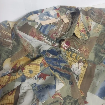 Kate Hill 女士 2X 100% 真丝新奇印花纽扣衬衫旅行游客 — 第 1/4 张图片