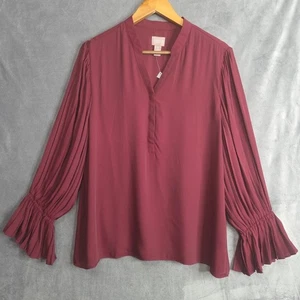 Chico's Blouse Size 2 L Burgundy Sheer Sleeve Lined Top 100% Polyester 450218418 - Picture 1 of 11