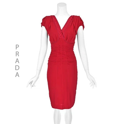 PRADA Vintage Red Crepe Ruched Sheath Dress by Miuccia Prada IT44 US8 - Image 1 of 4
