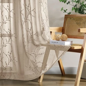 Taupe Sheer Curtains 52 X 96 Inches Length 2 Panels Embroidered Branch Patter... - Picture 1 of 8