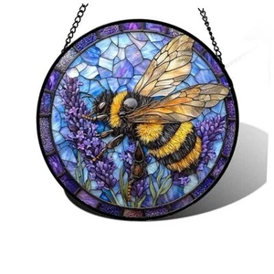 Stained Glass Window Hanging, Bee Lavender Sun Catchers 9.8x9.8 IN Purple Gold - Picture 1 of 7