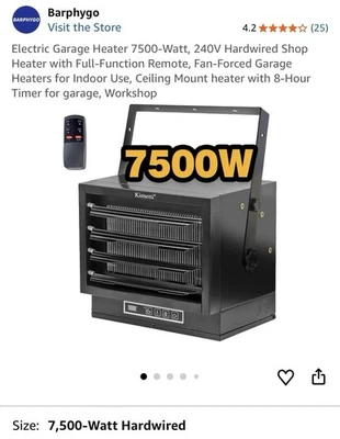 Kimetti Electric Garage Heater 7500-Watt, 24OV Hardwired Shop Heater - Image 1 of 4