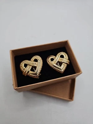 Vintage 90s Premier Designs Goldtone Textured Heart Knot Clipon Earrings Classic - Image 1 of 4