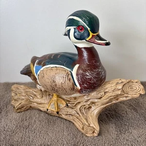 Vintage Hand Painted Ceramic Duck Figurine Standing on Ceramic Wood Piece - Photo 1 sur 15