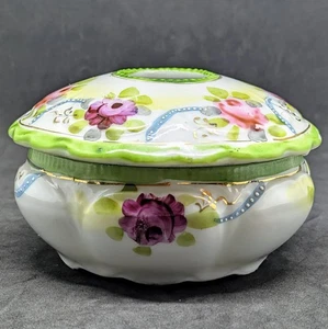 Vintage Porcelain Hand Painted Hair Receiver Vanity Dresser Jar Floral Green - Picture 1 of 13