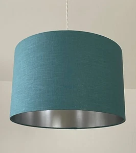 Lampshade Teal Blue Textured 100% Linen Brushed Silver Drum Light Shade - Picture 1 of 6