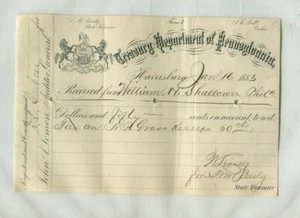 Vintage Illustrated Receipt TREASURY DEPT OF PENNSYLVANIA Harrisburg 1883 - Photo 1/1