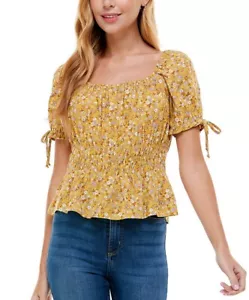 Kingston Grey Juniors' Floral-Printed Puff-Sleeve Peplum Blouse Yellow Size M - Picture 1 of 2
