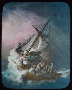 ANTIQUE Magic Lantern Slide A SHIP IN A STORM C1890 RELIGIOUS STORY JESUS - Picture 1 of 2