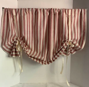 Tie Up Valance Dark Red and Cream Stripes Homespun Grain Sack Print Farmhouse - Picture 1 of 6