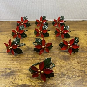 Metal Poinsettia Christmas Napkin Rings Green Red Holiday Table Decor Vintage - Picture 1 of 4
