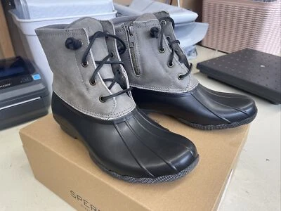 PICK SIZE - Sperry Women's Saltwater BLACK / GREY Leather Duck Boot Booties - Image 1 of 4