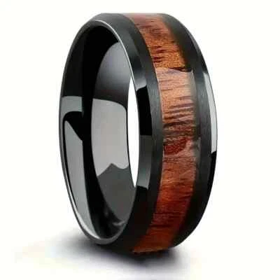 Anillo de grano de madera con incrustaciones de acero de titanio, anillo retro genial para hombre Foto 1 de 4