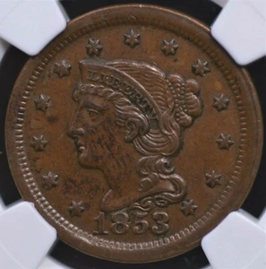 1853 BRAIDED HAIR LARGE CENT NGC AU 53 BROWN FROSTY SMOOTH GLOSSY MEDIUM COCOA - Picture 1 of 5