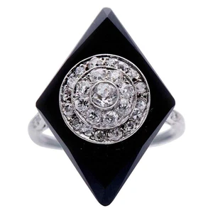 Art Deco Large Black Onyx & White Simulated Sapphire Women's Wedding Fancy Ring - Picture 1 of 8