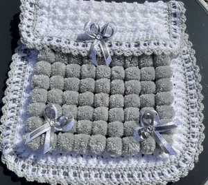 beautiful handmade pom pom blanket car seat size Grey - Picture 1 of 1