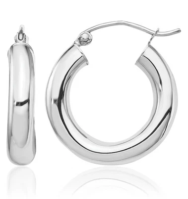 14K Solid White Gold 4mm Round Medium Hoop Earrings - Image 1 of 4