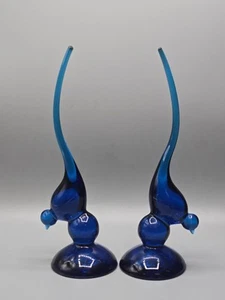 Viking Glass Bluenique Long Tail Bird 9.5" Pair MCM GLASS - Picture 1 of 13