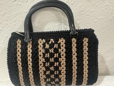 Vintage Weaved Handbag Black And Tan Plastic Handles - Image 1 of 4