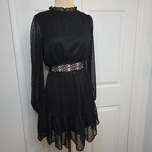 Heart & Heels schwarzes Kleid Cut Out transparente Ärmel Tupfen Öse M Rüschen - Bild 1 von 15