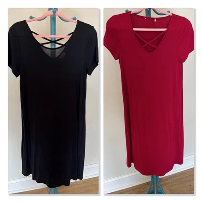 Lot of 2 Merona Dresses Black/ Pink Short Sleeve Womens Medium Criss Cross  - Image 1 of 4