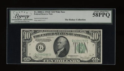 DBR 1934-C $10 FRN Wide Chicago Fr. 2008-Gw Legacy 58 PPQ Serial G43090286D - Image 1 of 2