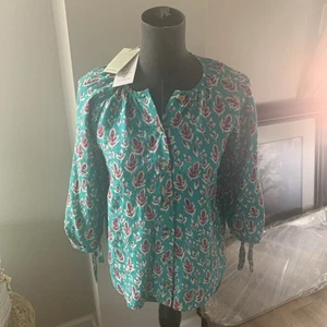 Monsoon Small 100% Linen Green Pink Block Print Loose Fit Blouse Tie Sleeves - Picture 1 of 7