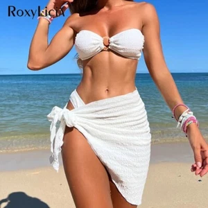 With Sarong Bandeau Trägerlos Falten Bikini Damen Bademode Dreiteiler Bikini - Bild 1 von 17