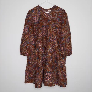 Ana Dress 2X Brown Multicolor Paisley Tiered Ruffle Peasant 3/4 Keyhole Back - Picture 1 of 9