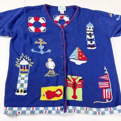 Quacker Factory Cardigan Nautical Lobster Lighthouse Boat 1X Summer Sweater - Image 1 of 4