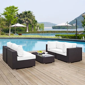 Modway 5PC Wicker Rattan Cushioned Outdoor Patio Sectional Set in Espresso White - Picture 1 of 9