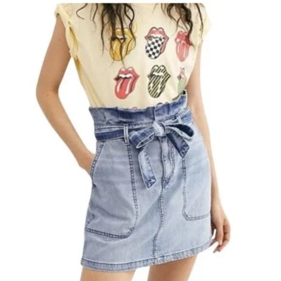 Falda Jean Free People Talla 4 Reunida Cintura Alta Corbata Esplendor en la Hierba Denim  Foto 1 de 4