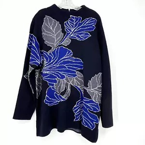 Chico's Navy Blue Leaves Print Tunic Sweater Size 3 XL 16 Mock Neck Back Zipper - Picture 1 of 6