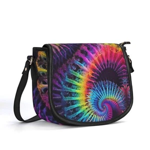 Neon Fractal Echtleder Saddle Schultertasche Handtasche Psychedelic Tie Dyed - Bild 1 von 10