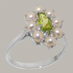 Solid 9k White Gold Natural Peridot & Pearl Womens Cluster Ring - Sizes 4 to 12 - Picture 1 of 5
