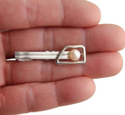 K Mikimoto 925 Sterling Silver Pearl Vtg Tie Clip Clasp Tokyo Japan Signed 4.7gr - Image 1 of 4